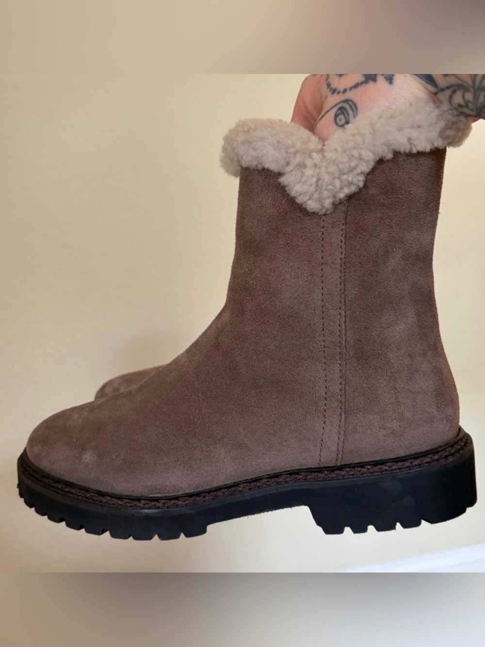 Aquatalia Taupe Suede Shearling-Lined Winter Boots